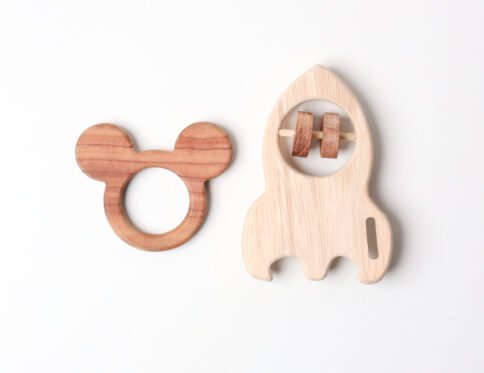 Neem Wooden Combo of Mickey Mouse Teether & Rocket Rattle for Babies of 0 to 3 Years