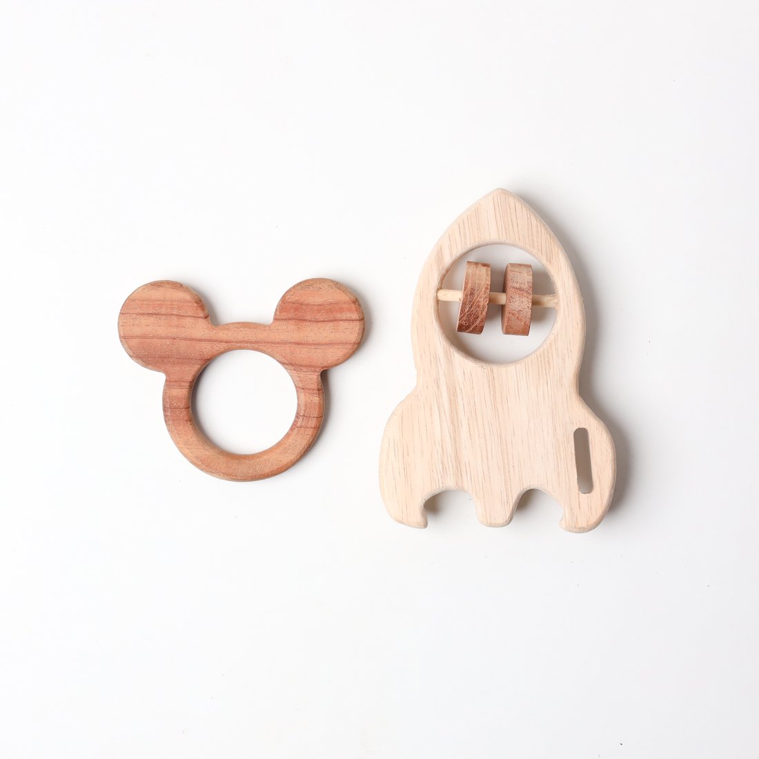 Neem Wooden Combo of Mickey Mouse Teether & Rocket Rattle for Babies of 0 to 3 Years