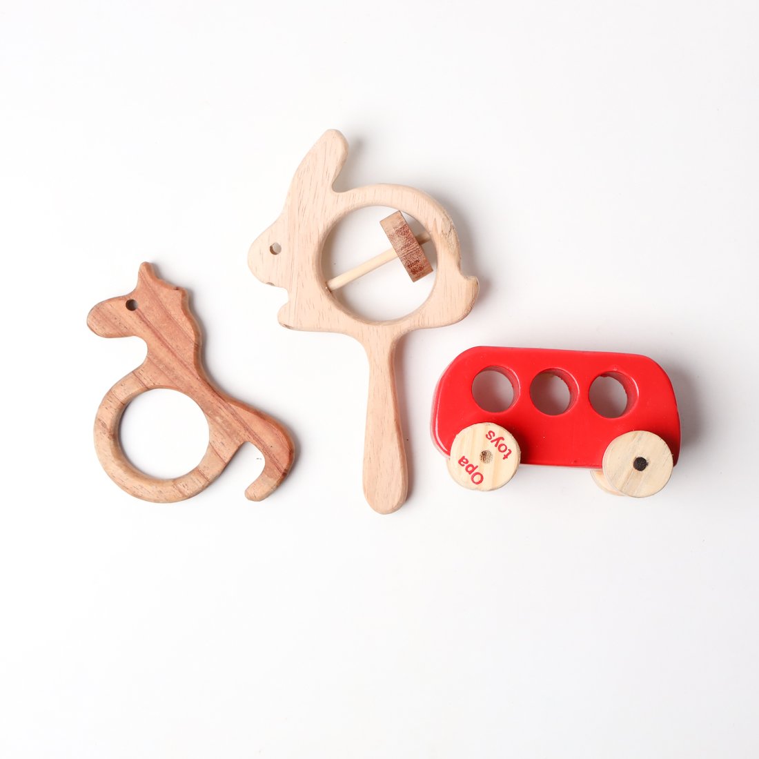 OpaToys Born Baby 3 Pcs Gift set – Natural Wooden Neem Baby Teether & Rattle – Unicorn Neem Teether, Rabbit Rattle and  Racing Red – BUS Toys for Newborns, Crawling Babies & Walking Toddlers